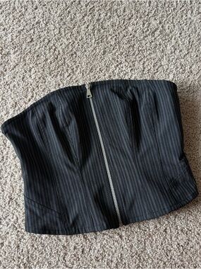 Black Pinstripe Zip-Front Corset Top